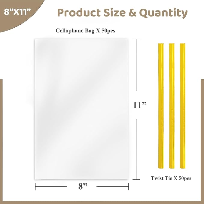 WIKDAY Cellophane Bags 50 PCS 8x11 Inches Clear Gift Gags with Ties Plastic Treat Party Favor Candy Bags for Gift Giving, Packaging Snack, Products