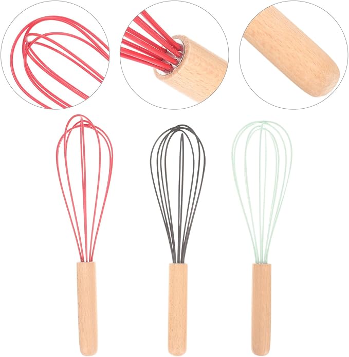Ipetboom 3Pcs Portable Egg Whisk with Ergonomic Beech Handles Silicone-coated Hand Mixers for Fast Egg Mixing Baking and Kitchen Use in Black Red Dark Green