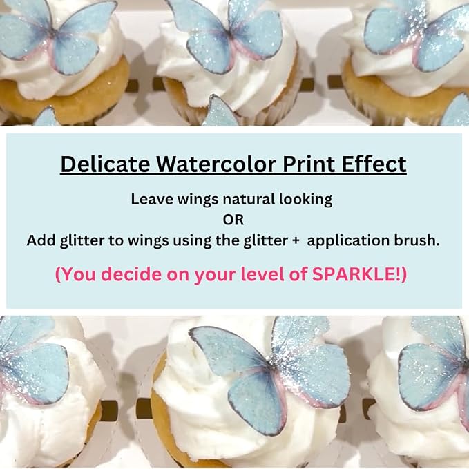 Edible Butterflies with Edible Glitter Kit - Wafer Paper Butterflies for Cakes - Cake Decorations - Cupcake Decorations - Cake Toppers (Dream Blue)