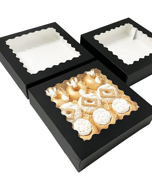 Bakepacker 240pcs Black Pie Boxes 8"x 8"x 2.5" Easy Assemble Macaroon Cookie Boxes Bakery Boxes with Window for Bakery (Auto-pop Up)