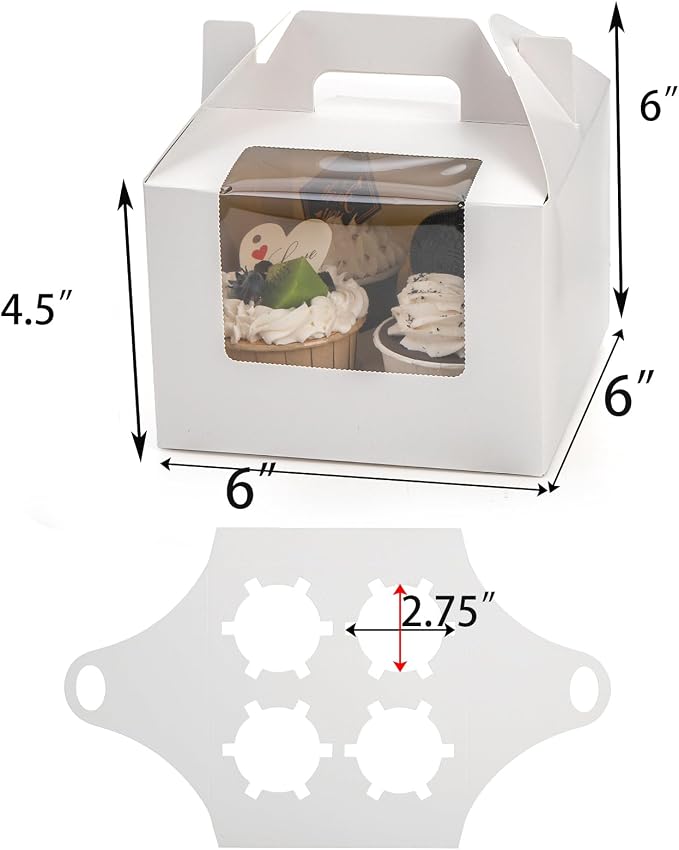 Jucoan 40 Pack Cupcake Containers, 4 Count White Kraft Paper Cupcake Boxes with Insert Window and Handle, Cupcake Holder Bakery Pastry Boxes, Gable Party Favor Treat Boxes for Wedding Mother's Day