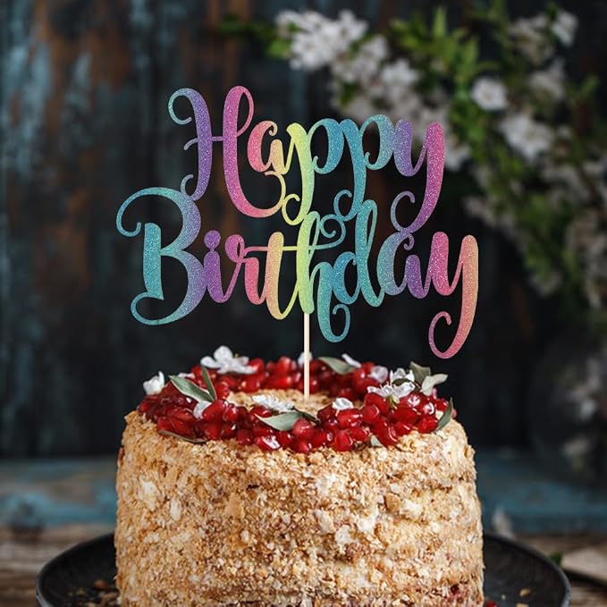 Gradient color Happy Birthday Cake Topper- Glitter Happy Birthday Cake Decor, Handmade Anniversary/Birthday Party Supplies (Color)