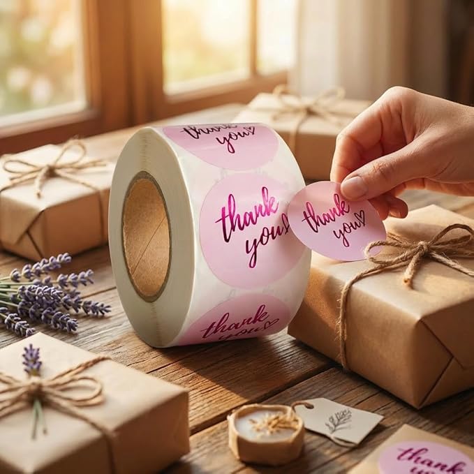 500 Pcs Thank You Stickers – 1.5” Pink Round Labels with Purple Hot Stamping Foil Script & Heart Design, Elegant Small Business Packaging Stickers for Bags, Boxes, Envelopes & Party Favors