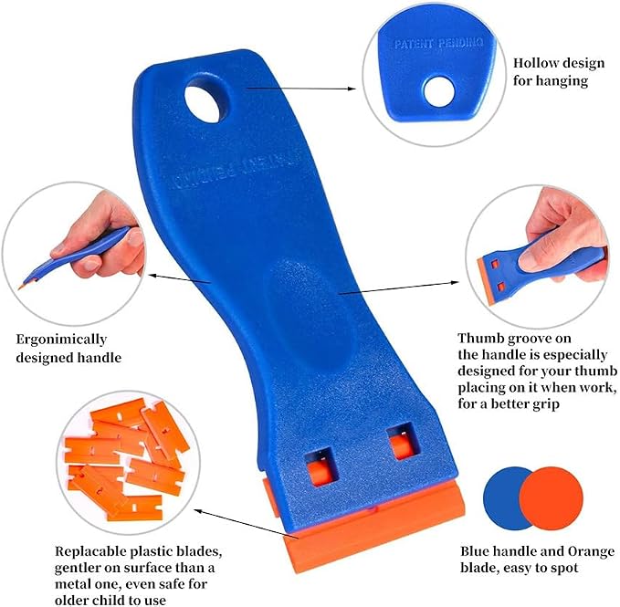 Plastic Razor Blade Scraper 2 Pack, 100 Blades, Storage Case | Adhesive & sticker remover for glass, car windows, 3D printer beds, decals, labels, caulk & gaskets; non-scratch
