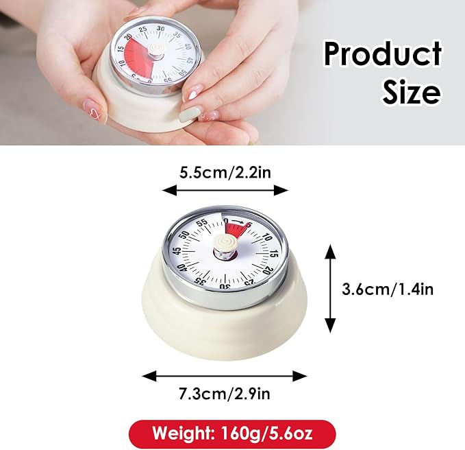 Visual Timer, Teeloray 60-Minute Countdown Timer, Kitchen Timer with Magnetic Base, Mechanical Clockwork, Ringer Alert, Time Management Tool for Children and Adults, Study/Work/Cooking (White)