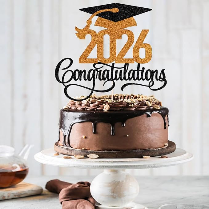 Glitter 2026 Congratulations Graduation Cake Topper,Congrats Grad Cake Decor - 2026 High School/College/Senior Graduation Party Decorations Supplies (2026Congratulations Black orange)