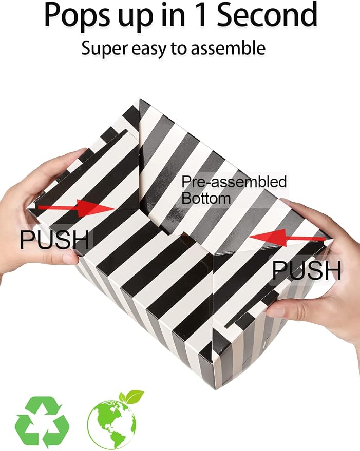 Happyhiram 30 Pcs Large Treat Boxes with Handles Black and White Stripes, 9x6x6 Gable Gift Boxes Barn Carry Out Box Recyclable Paper Packaging for Graduation Lunch