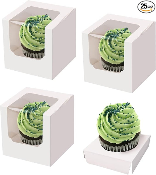 25 Pack Cupcake Boxes, White Paper Containers with Transparent Window and Built-in Dividers, Foldable 3.5"x3.5"x3.5" Cake Holders for Wedding and Party Favorsb