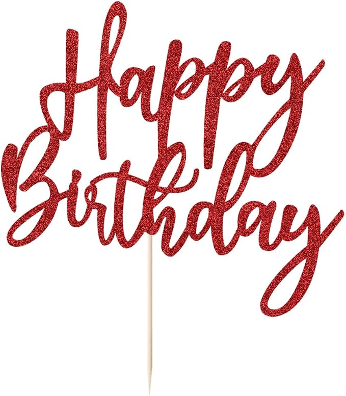 LVEUD Glitter Happy Birthday Cake Topper, Red, 1 Count, 8 Inches x 7 Inches, Glamorous Style, Suitable For Party Decoration, Birthday Occasion