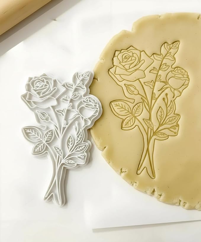 Birth Flower Cookie Cutter June Rose 3D Embosser Stamp with Detailed Petal Texture - Birth Month Flower Fondant Biscuit Baking Tools - Personalized Birthday Mom Gift Party Decorating 5"