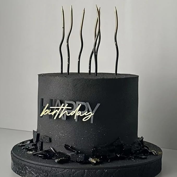 Happy Birthday Cake Topper, Black and Gold Mirror Acrylic, 3.54 x 0.98 Inches, 10 Pack DIY Party Cake Decorations