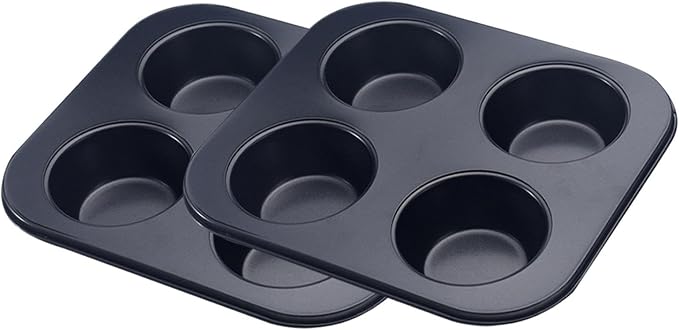 2pcs 4-Hole Muffin Pan, Bakeware Non-stick Cupcake Baking Pan Mini Pie Pans, Heavy Duty Carbon Steel Muffin Tray Standard Baking Mold Pan for Oven Bakings (Black)