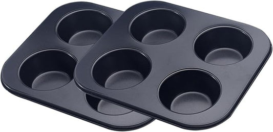 2pcs 4-Hole Muffin Pan, Bakeware Non-stick Cupcake Baking Pan Mini Pie Pans, Heavy Duty Carbon Steel Muffin Tray Standard Baking Mold Pan for Oven Bakings (Black)