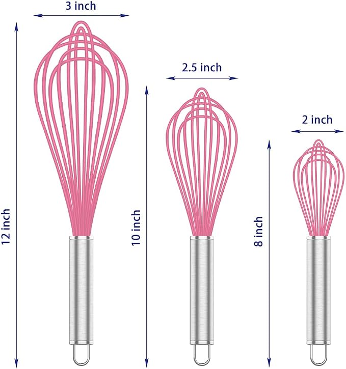 OYV Pink Silicone Whisk, Professional Whisks For Cooking Non-Scratch, Stainless Steel & Silicone Wisk, Plastic Rubber Whisk Tool For Nonstick Cookware Pans, Silicon Wisks Set of 3