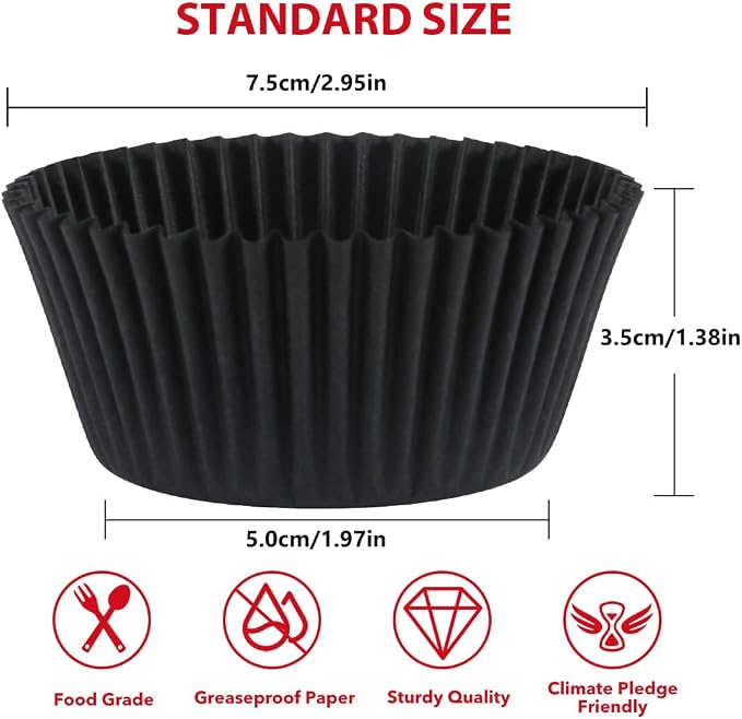 Standard Black Cupcake Liners for Baking 200 Counts - Caperci Greaseproof Muffin Baking Cups for Wedding Birthday Party Baby Shower Festivals (Black)