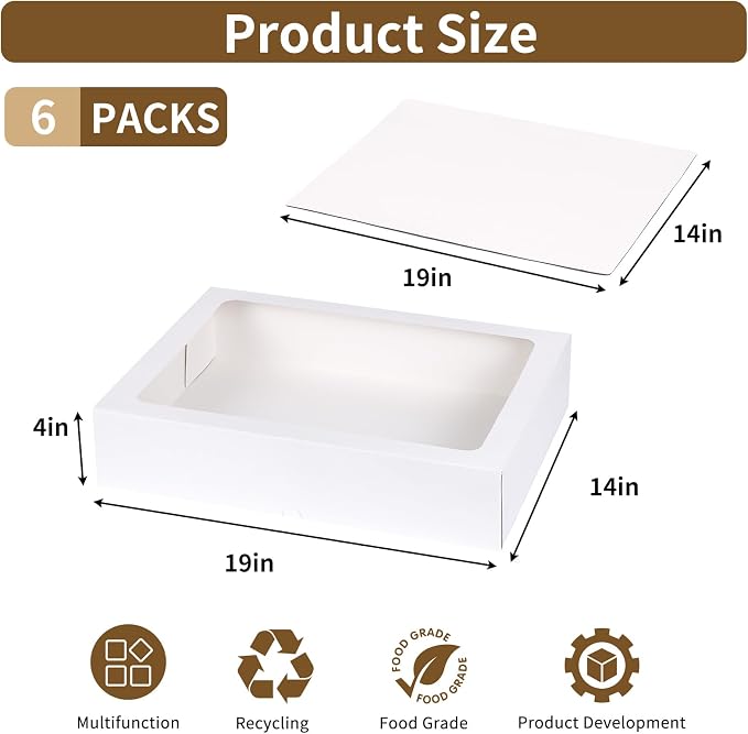 Moretoes 6 Pack 19x14x4 Inch Large Half Sheet Cake Boxes with Thick Cake Boards, White Rectangle Bakery Boxes with Window for Cake Pastry Baking, Cupcake, Muffins, Pie