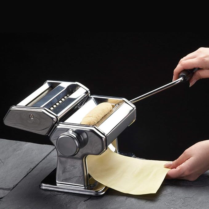 Pasta Maker Machine Stainless Steel Manual | With Adjustable Thickness Settings | Perfect for Homemade Spaghetti Fettuccini Noodles and Lasagna | Includes Removable Handle and Clamp (Silver)