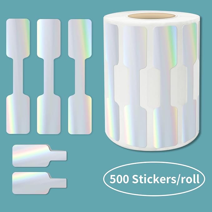 500 Pcs Jewelry Tags Roll for Necklace Earring Price Identify,Self Adhesive Silver Laser Blank Dumbbell Jewelry Stickers Labels for Bracelet, Ring, Clothing Display （Holographic Laser）