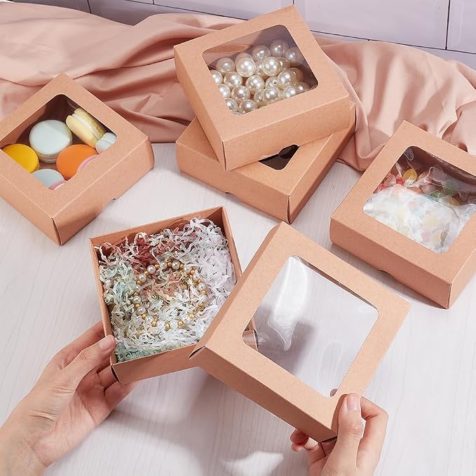 BENECREAT 10PCS Brown Kraft Paper Box with Clear Window, 5.12x5.12x1.97inch Square Kraft Paper Gift Box for Wedding Party Gifts, Festival Jewelry Packaging, Candy Storage
