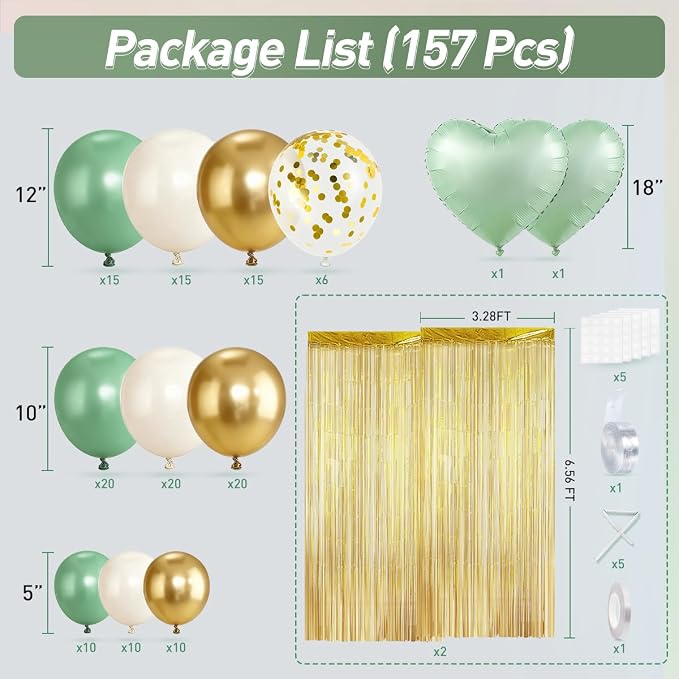 157PCS Sage Green Gold White Balloons Garland Arch Kit with Fringe Curtain for Birthday Baby Shower Gender Reveal Weddings Bridal Shower Graduation Party Decorations