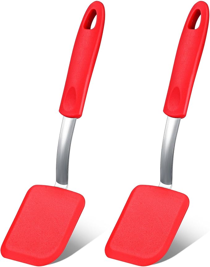 Silicone Cookie Spatula Turner 2 Pack Mini Brownie Spatula Flexible Kitchen Small Silicone Turner for Nonstick Cookware Heat Resistant No Scratch Flipper for Pancake(Solid Flat,Red)