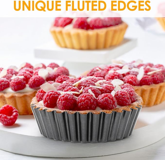 4 Pack 4 Inch Mini Tart Pans with Removable Bottom, 1.2 Inch Deep Nonstick Mini Pie Pans Quiche Pan Round, Tart Pans Bakeware Mold Fluted Side for Pies with Oil Brush&Silicone Scrubber