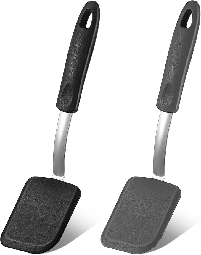 Silicone Cookie Spatula Turner 2 Pack Mini Brownie Spatula Flexible Kitchen Small Silicone Turner for Nonstick Cookware Heat Resistant No Scratch Flipper for Pancake(Solid Flat,Black, Grey)