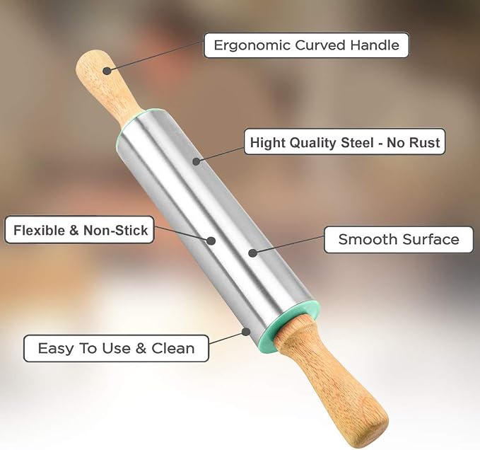 Rolling Pin Nonstick and Silicone Baking Pastry Mat Combo Kit Dough Rollers for Baking Pasta,Cookie Dough,Pastry,Bakery,Pizza