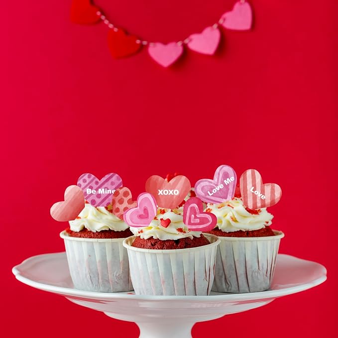 88PCS Edible Heart Cupcake Toppers Sweet Love Be Mine Kiss Me Heart Cupcake Picks Happy Valentine's Day Heart Cake Decor for Valentine's Day Theme Party Decoration Supplies