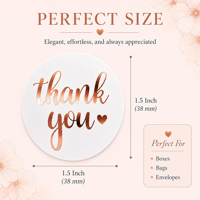 White Rose Gold Thank You Stickers roll, 500 Labels Roll, 1.5 Inch Round Self Adhesive Stickers for Packaging, Envelopes, Bags, Boxes & Wedding Favors