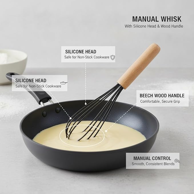 Easy-Use Manual Whisk with Silicone Head and Beech Wood Handle for Coated Cookware, 13-Inch Egg Beater