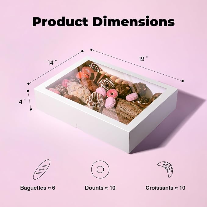 Fit Meal Prep 18 Pack 19 x 14 x 4 Inches Cake Boxes with Window, Pop-up Large Pastry Boxes, White Bakery Boxes for Pies, Donuts, Cupcakes, Perfect for Cafes, Homemade Baked Gifts
