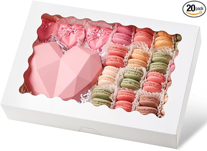 Ocmoiy 20 Pack Cookie Boxes, 14x10x2.5 Inch Large Bakery Boxes with Window, Auto-Popup Treat Box for Chocolate Covered Strawberries, Pies, Donuts, Muffins, Breakable Heart