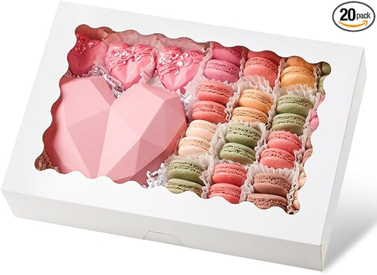 Ocmoiy 20 Pack Cookie Boxes, 14x10x2.5 Inch Large Bakery Boxes with Window, Auto-Popup Treat Box for Chocolate Covered Strawberries, Pies, Donuts, Muffins, Breakable Heart