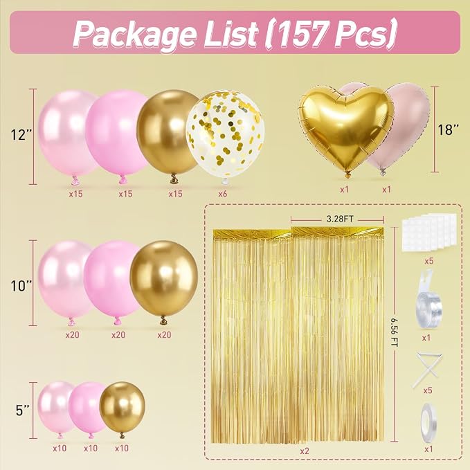 157PCS Pink and Gold Balloons Garland Arch Kit with Gold Fringe Curtain for Woman Girl Princess Engagement Bridal Shower Wedding Baby Shower Birthday Party Decorations