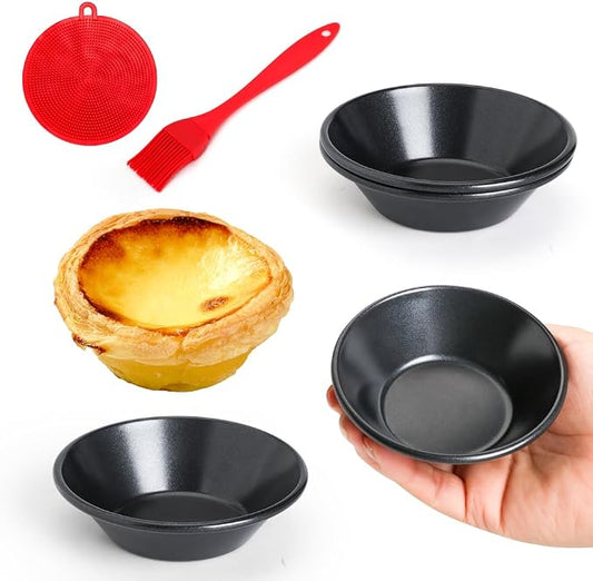 3 Inch Egg Tart Molds Set of 4, Carbon Steel Mini Tart Pan Non-Stick Tartlet Pans, Includes Oil & Dish Brushes for Baking Cupcake Cake Muffin Mold Tin Pan for Cakes, Cookies, Desserts