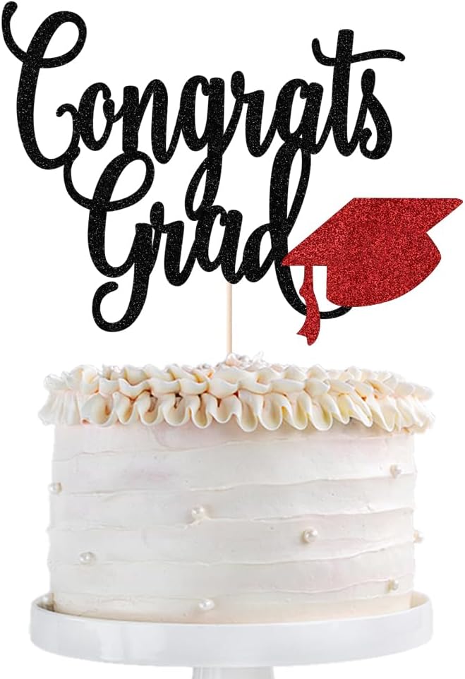 Congrats Grad Cake Topper,2026 Graduation Cake Topper, Congrats Grad Decorations,2026 High School/College/Senior Graduation Party Decorations Supplies. (Congrats Grad Black red)