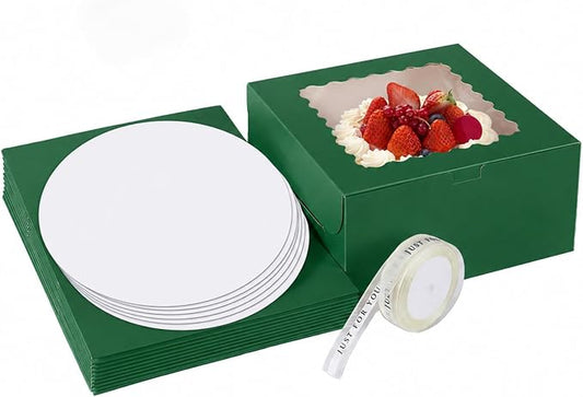 16pcs 10x10x5 Inches Cake Boxes,8pcs Green cake Box and 8pcs Boards,Cajas Pasteles for Disposable 10 inch Cake box with Window (Green, 10 * 10 * 5inch/16pcs)