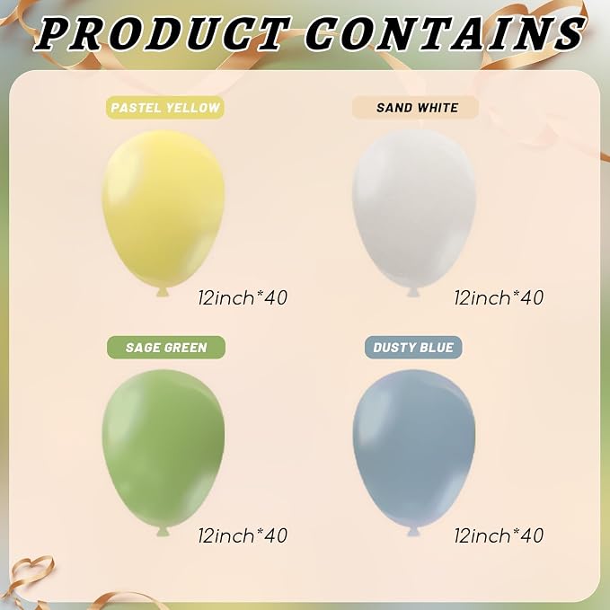 160Pcs 12 Inch Sage Green Dusty Blue Yellow Latex Balloons for Baby Shower Wedding Birthday Boho Party Decorations