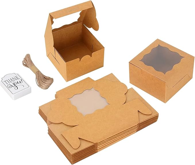 KPOSIYA 120 Pcs Brown Bakery Boxes with Window Individual Cupcake Boxes 4x4x2.5 Inches Cookie Boxes Kraft Paper Brown Gift Box for Pastries, Cookies, Pie, Donuts, Macaroon