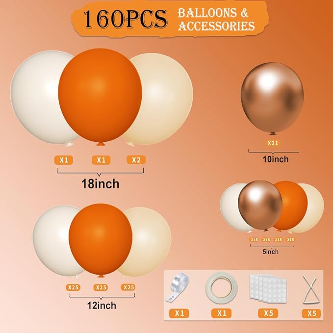 Fall Balloon Arch Kit, 160Pcs Orange White Metallic Copper Boho Thanksgiving Balloons Garland for Autumn Birthday Baby Shower Party Decorations