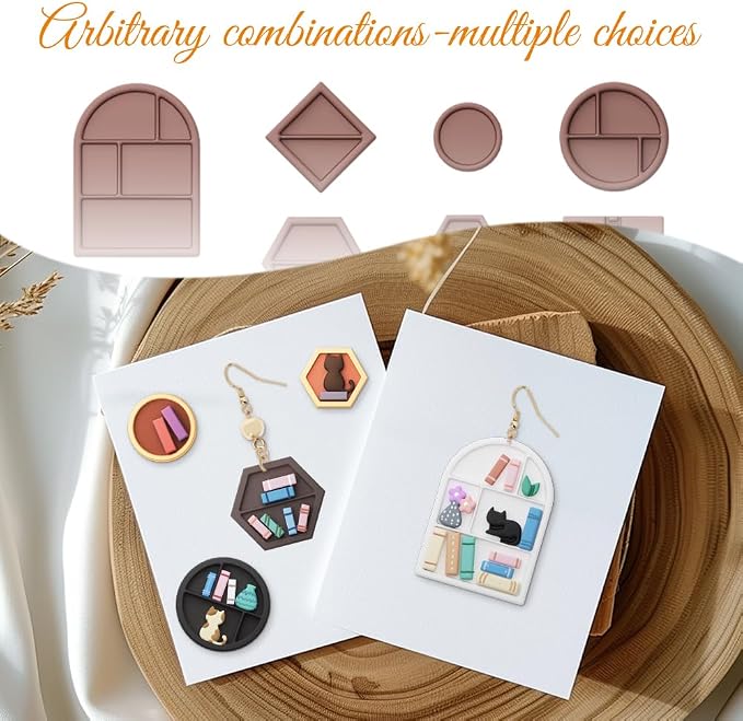 ORIGACH 13 Pcs Mini Bookshelf Polymer Clay Cutters Set | Book Vase Frame Design Clay Cutters for Polymer Clay Jewelry Earrings with a Clear Storage Box
