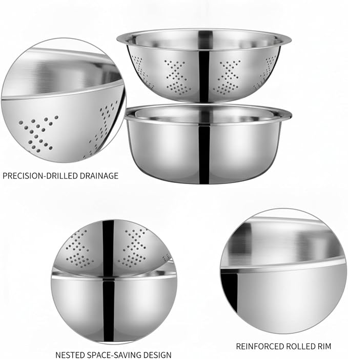 2-Piece Stainless Steel Nested Bowl Set, Deep Basin for Washing Veggies, Draining Pasta, and Food Prep (Silver)