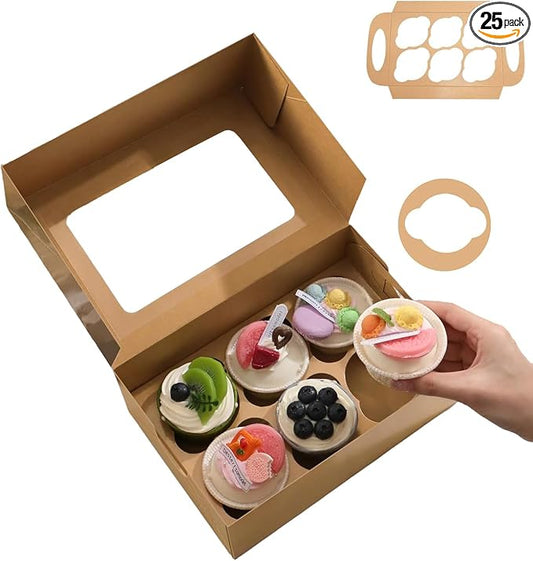 25 Cupcake Boxes, Kraft Cupcake Boxes 6 Count with Window and Inserts, Cupcake Holders for Cupcakes, Muffins, Cookies, Pastries
