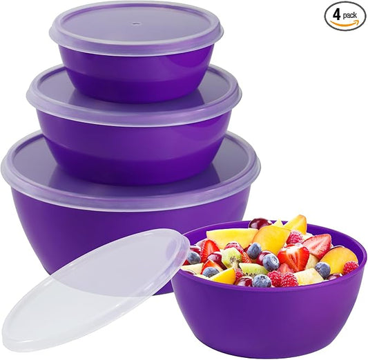 Set of 4 Plastic Prep Bowls with Lids，Microwave and Dishwasher Safe,Ideal for Baking, Prepping, Cooking and Serving Food (Purple)
