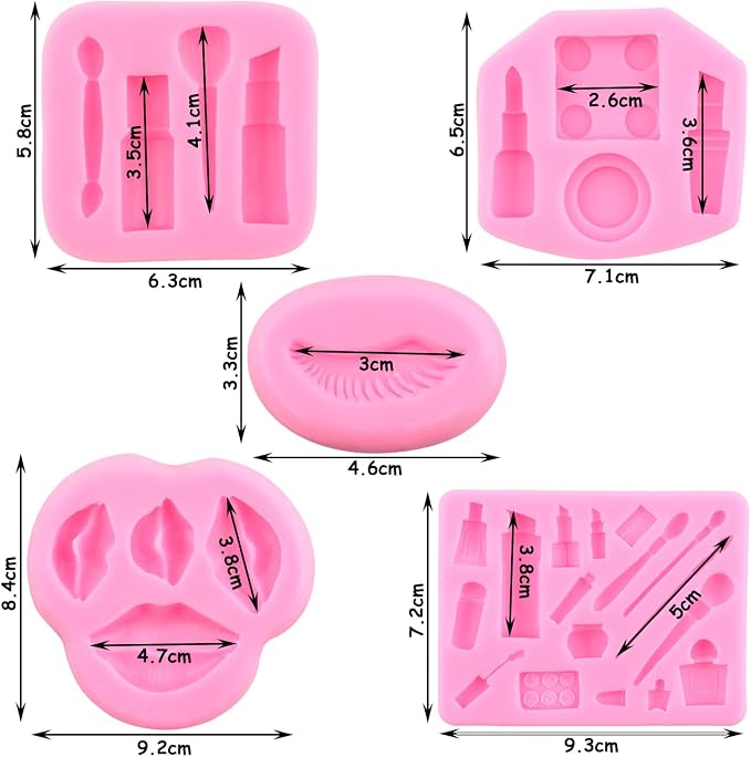 ZiXiang Makeup Theme Silicone Molds Valentine's Day Fondant Molds Kiss Lips Lipstick Perfume Eyelash Brush Mold For Candy Chocolate Cake Decorating Cupcake Topper Gum Paste Polymer Clay Set Of 5