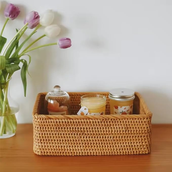 3 Sizes Rectangular Rattan Storage Baskets Handmade Woven Nesting Wicker Baskets for Decor Fruit Tray and Snack Storage Box (Small Basket)