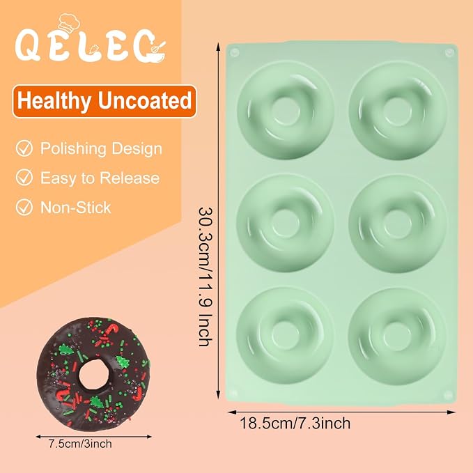 QELEG Silicone Donut Mold, 2 Pack Non-Stick Silicone Bagels for Baking Doughnut Pan Set, Reusable Mold Tray for Donuts and Bagels Green 2Pcs/6-Cavity
