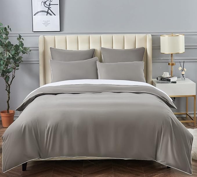 DAUAOTO Duvet Cover Full/Queen Set, Gray Microfiber Bedding with Contrasted White Piping, 1 90"X90" Cover + 2 20"X26" Shams