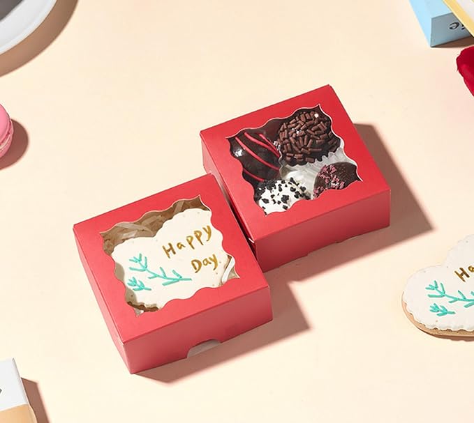 50PCS 3.25x3.25x1.5 inches Red Small Bakery Boxes with Window - Cookie Macaron Mini Cake & Truffle Gift Boxes for Christmas Gifts Birthday Wedding Valentine's Day Party Favors